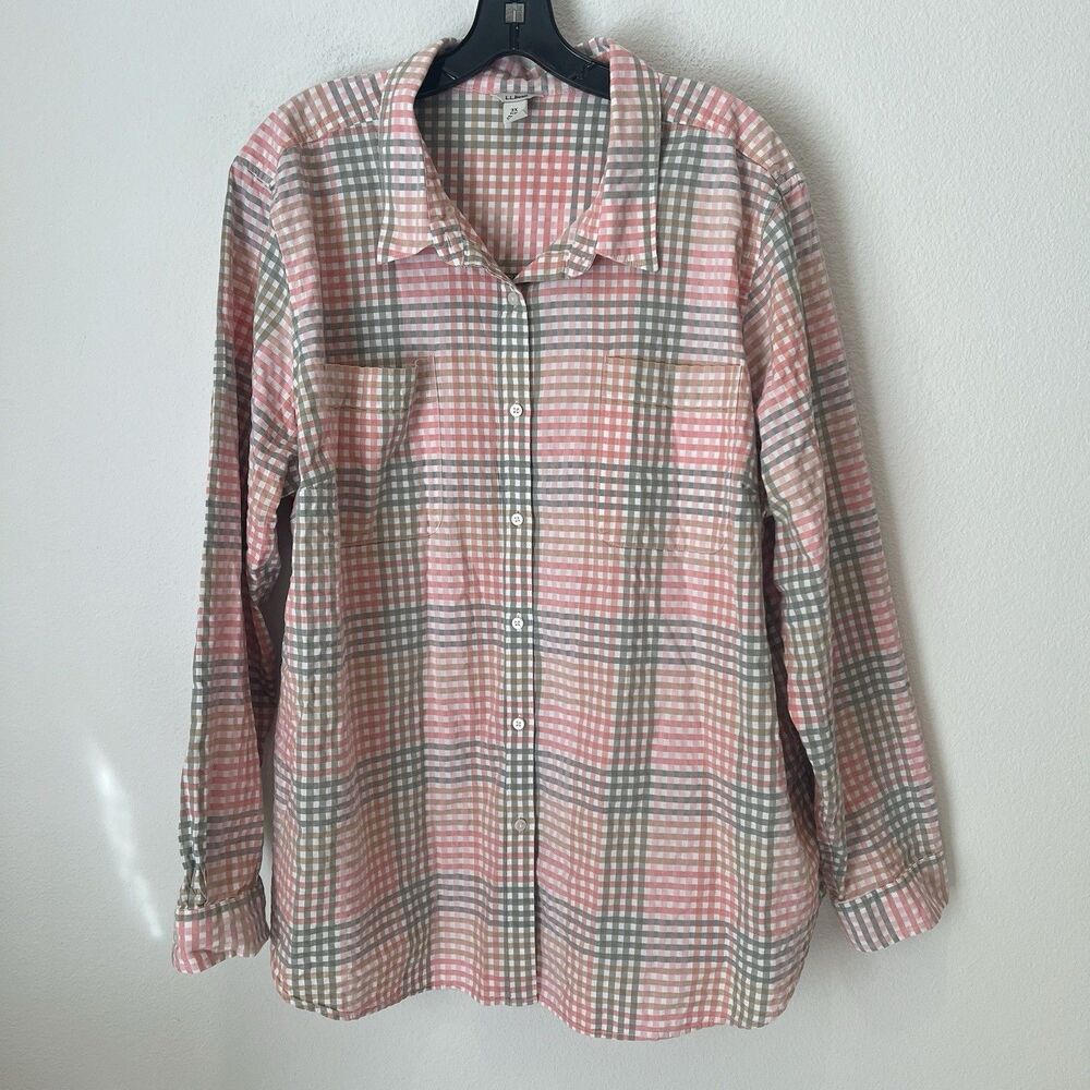 L.L. Bean Shirt Womens Size 3X Pink Button Up Seersucker Plaid Spring Cotton